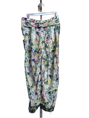 Floral Watercolor Wide-Leg Boho Pants With Elastic Waist And Belt.